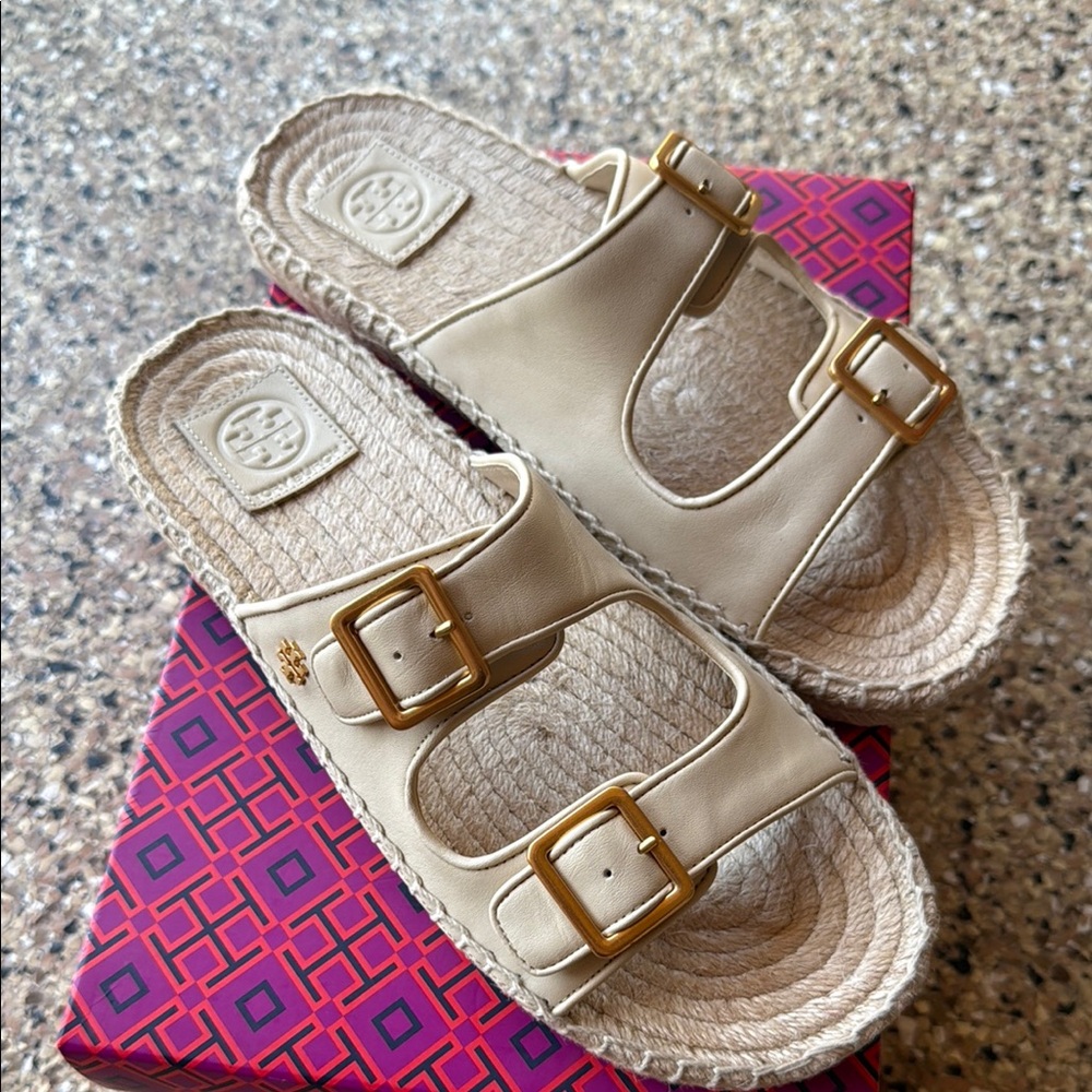 Tory Burch Cream Sandals with Gold Buckles